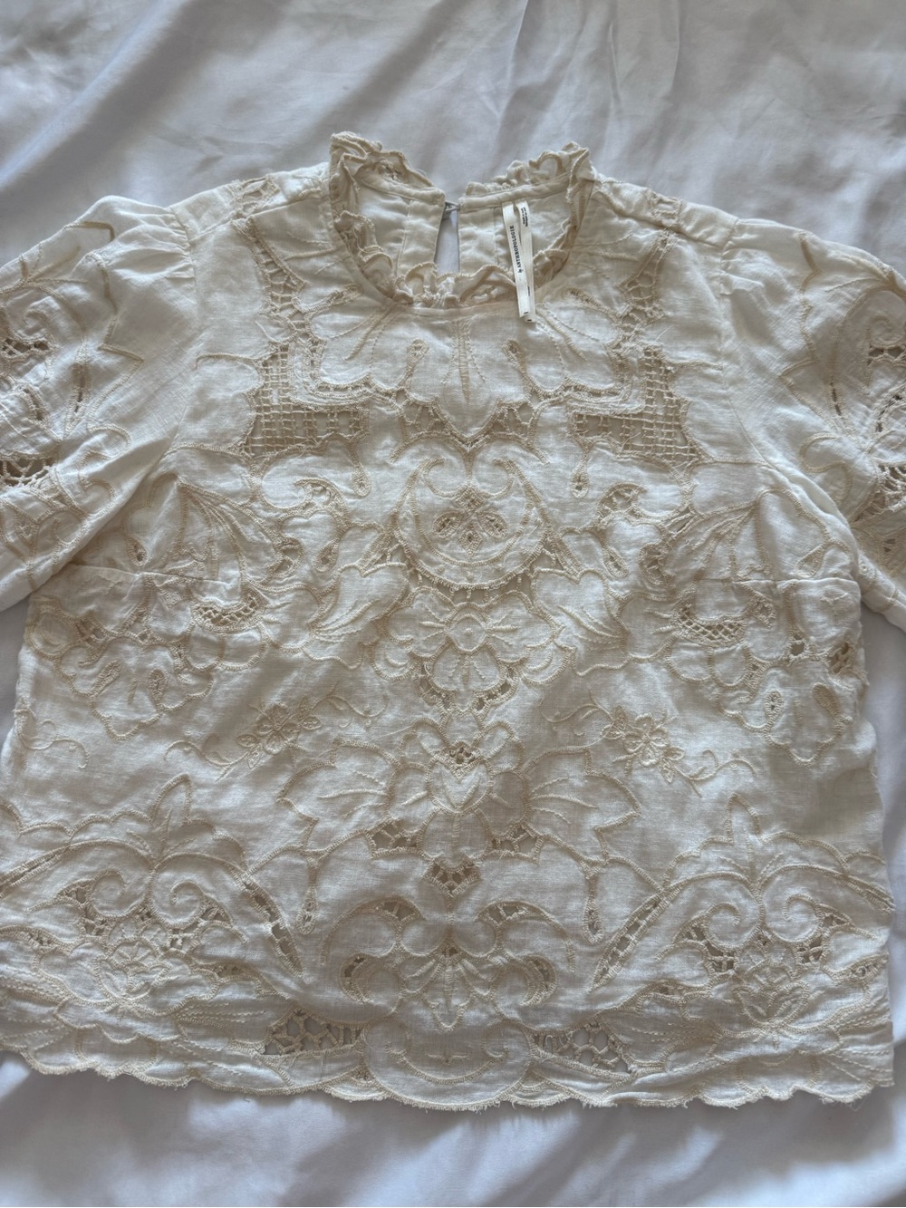 Anthropologie Ivory Embroidered Ruffle-Neck Blouse
